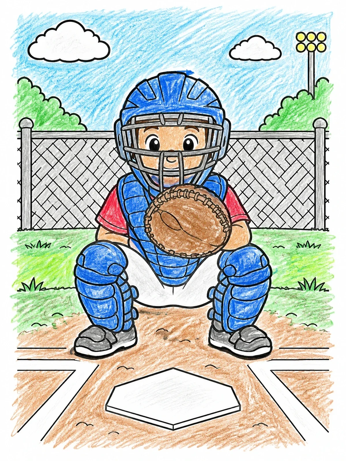 Colored example of the Young Baseball Catcher At Home Plate coloring page
