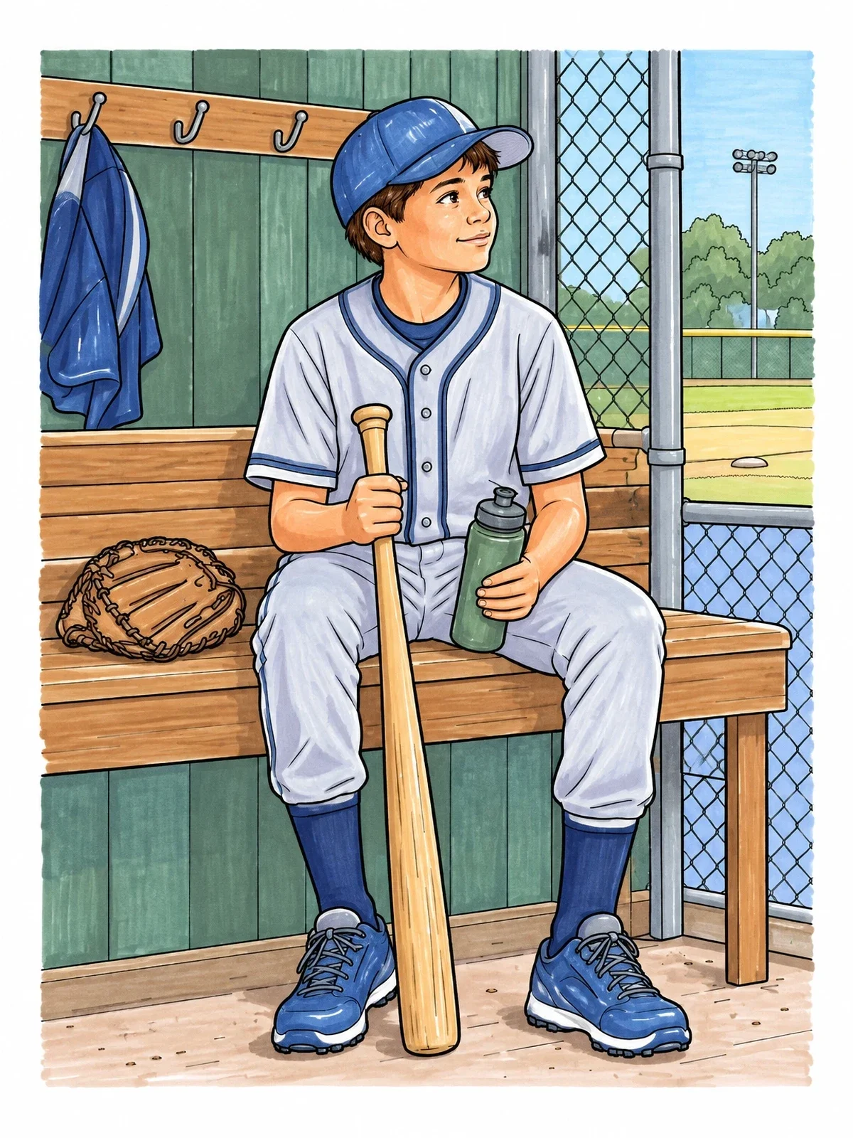 Colored example of the Young Baseball Player In Dugout coloring page