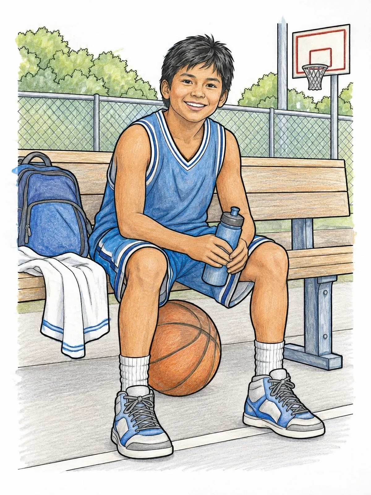 Colored example of the Basketball Player Resting On Bench coloring page