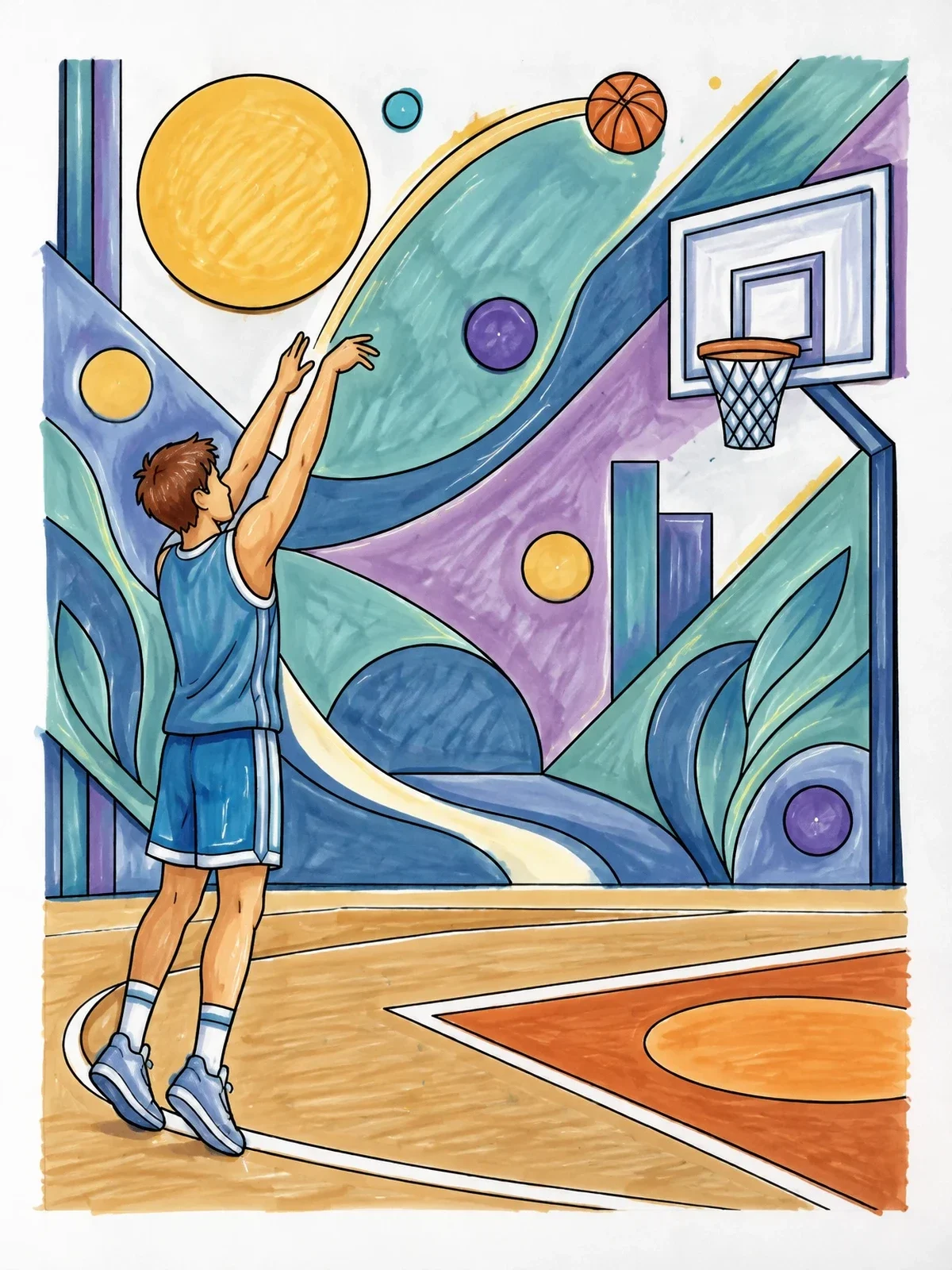 Colored example of the Basketball Player Shooting At The Hoop coloring page