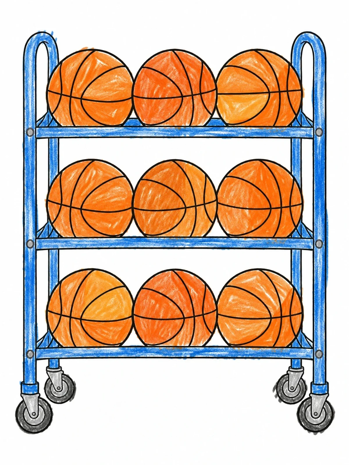 Colored example of the Basketball Storage Cart On Wheels coloring page