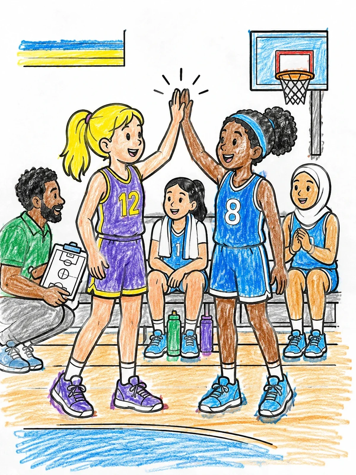 Colored example of the Basketball Teammates High Five coloring page
