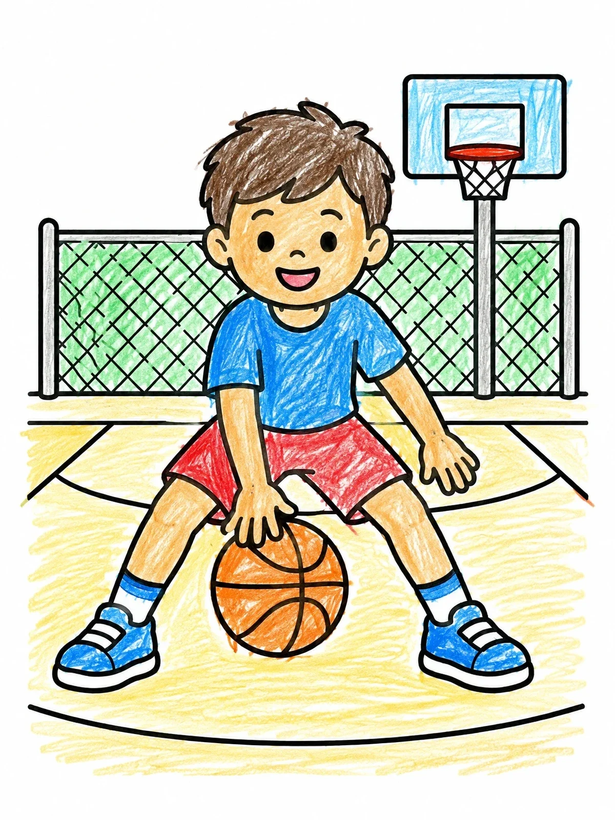 Colored example of the Boy Dribbling On The Basketball Court coloring page