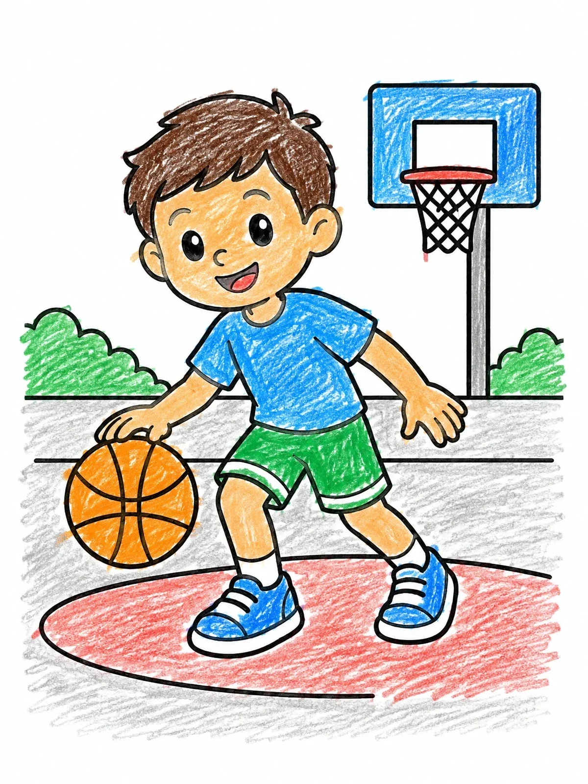 Colored example of the Boy Dribbling On The Basketball Court coloring page