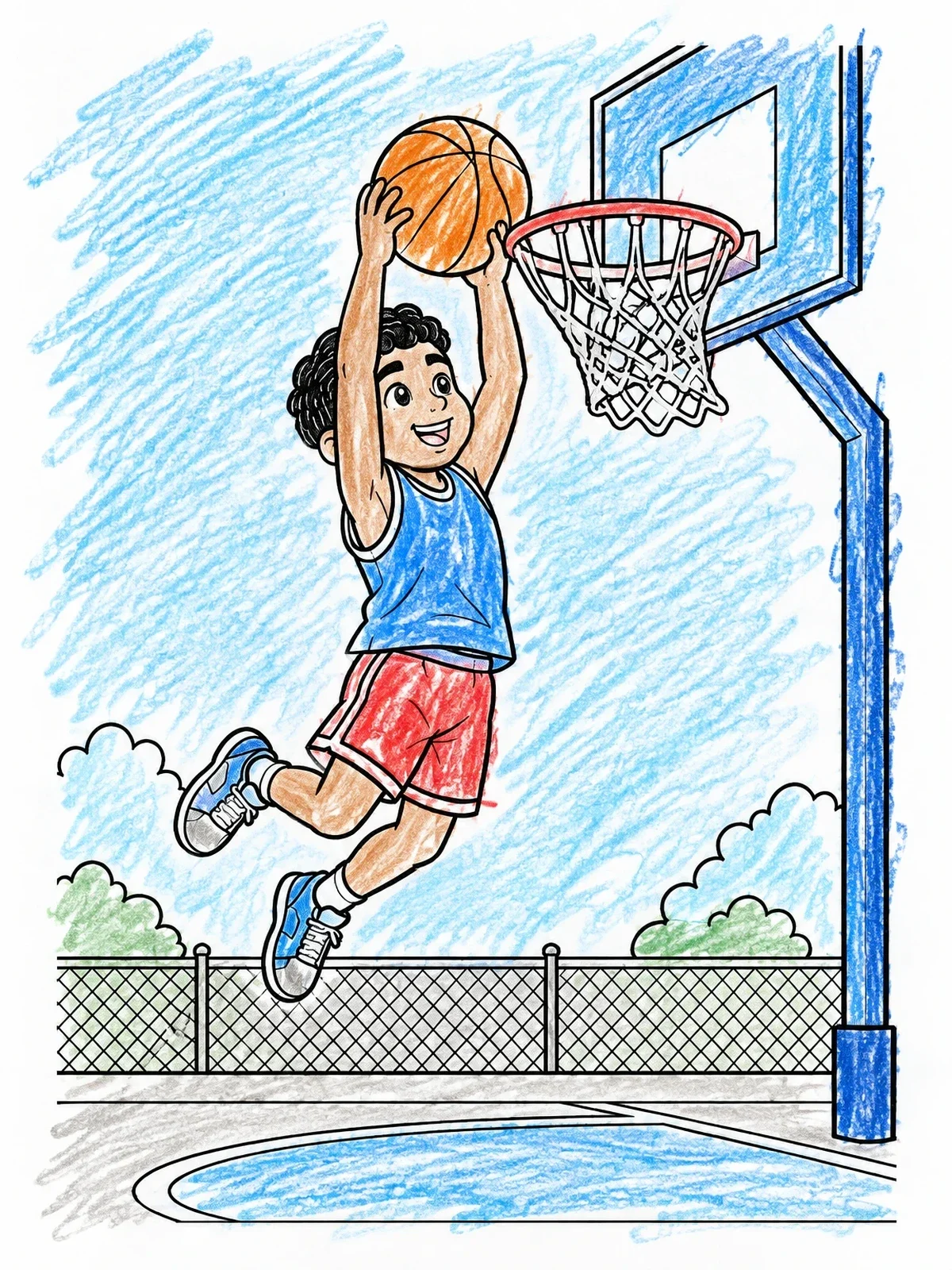 Colored example of the Boy Slam Dunking Basketball coloring page
