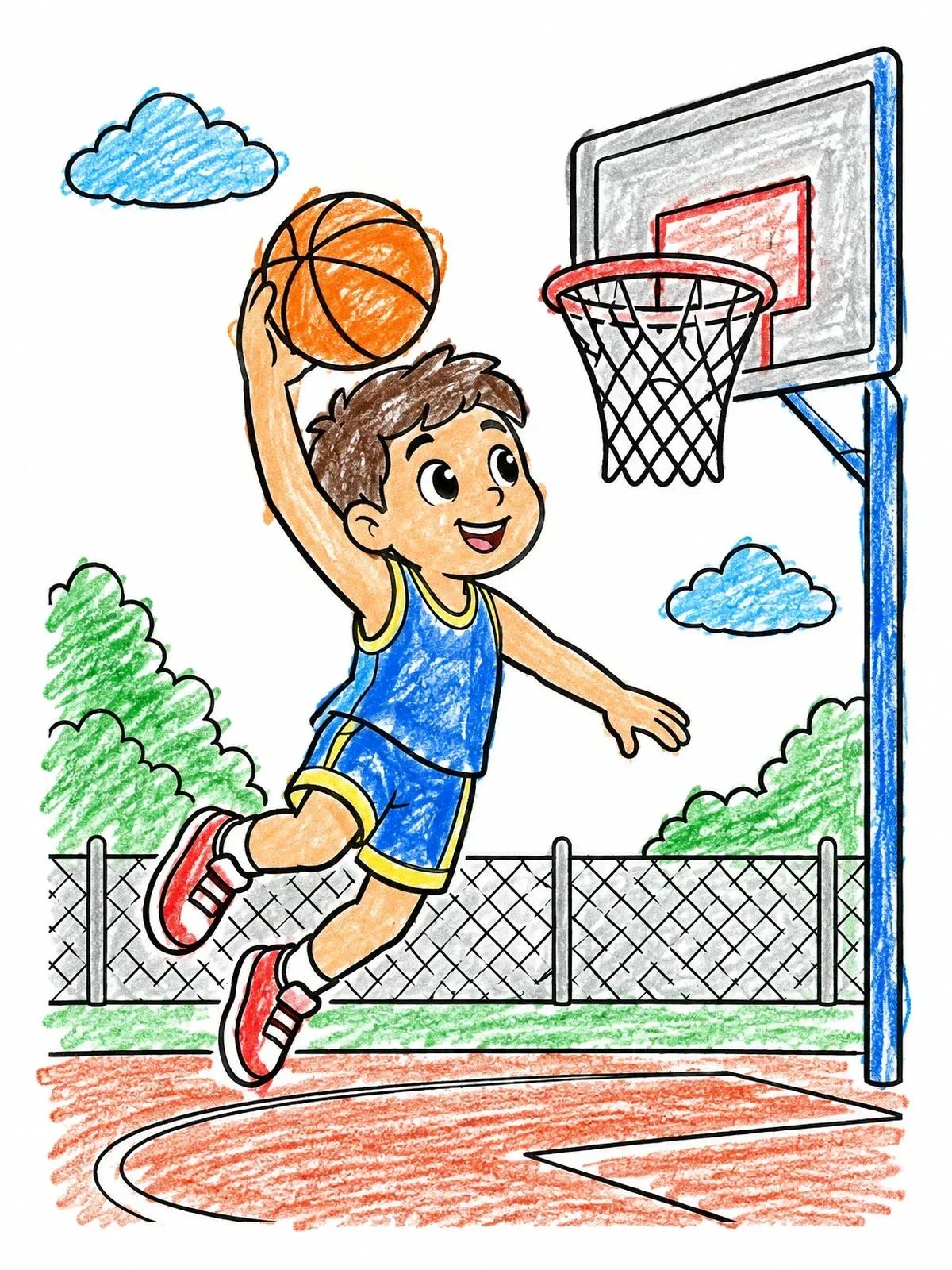Colored example of the Boy Slam Dunking A Basketball coloring page