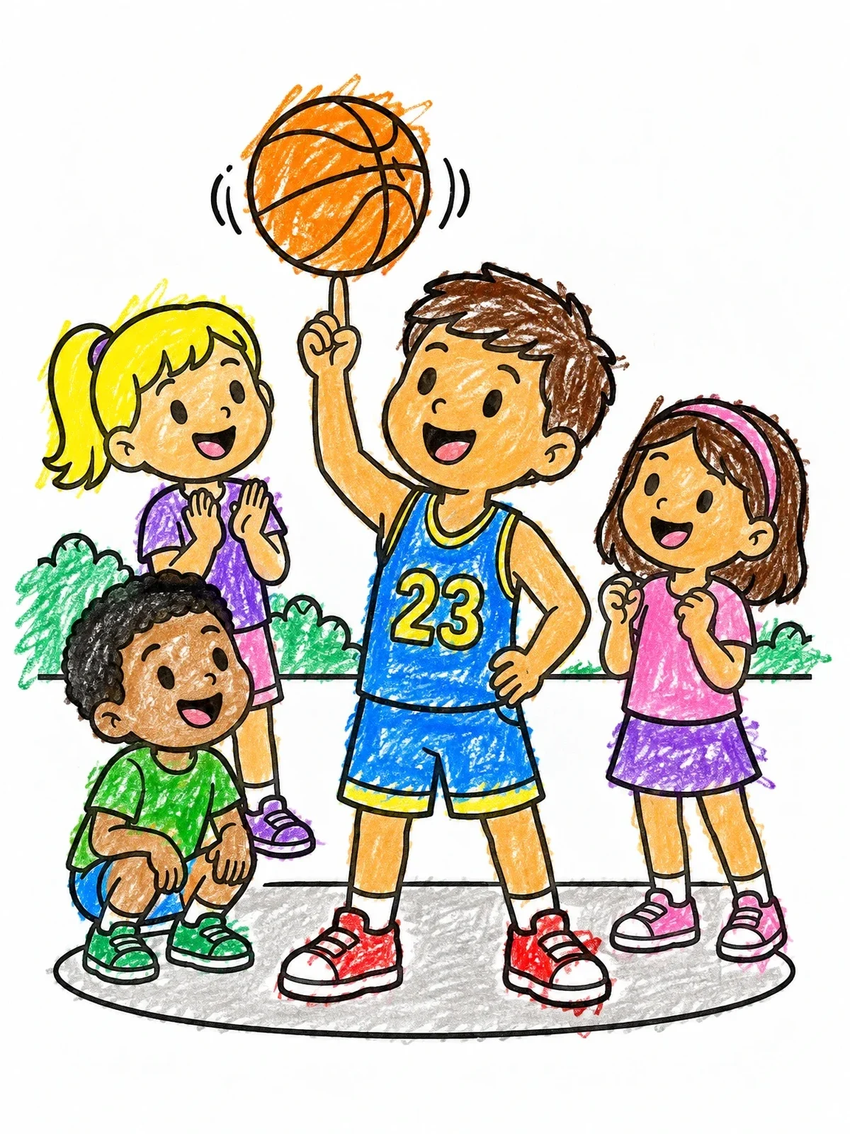 Colored example of the Boy Spinning Basketball For Friends coloring page