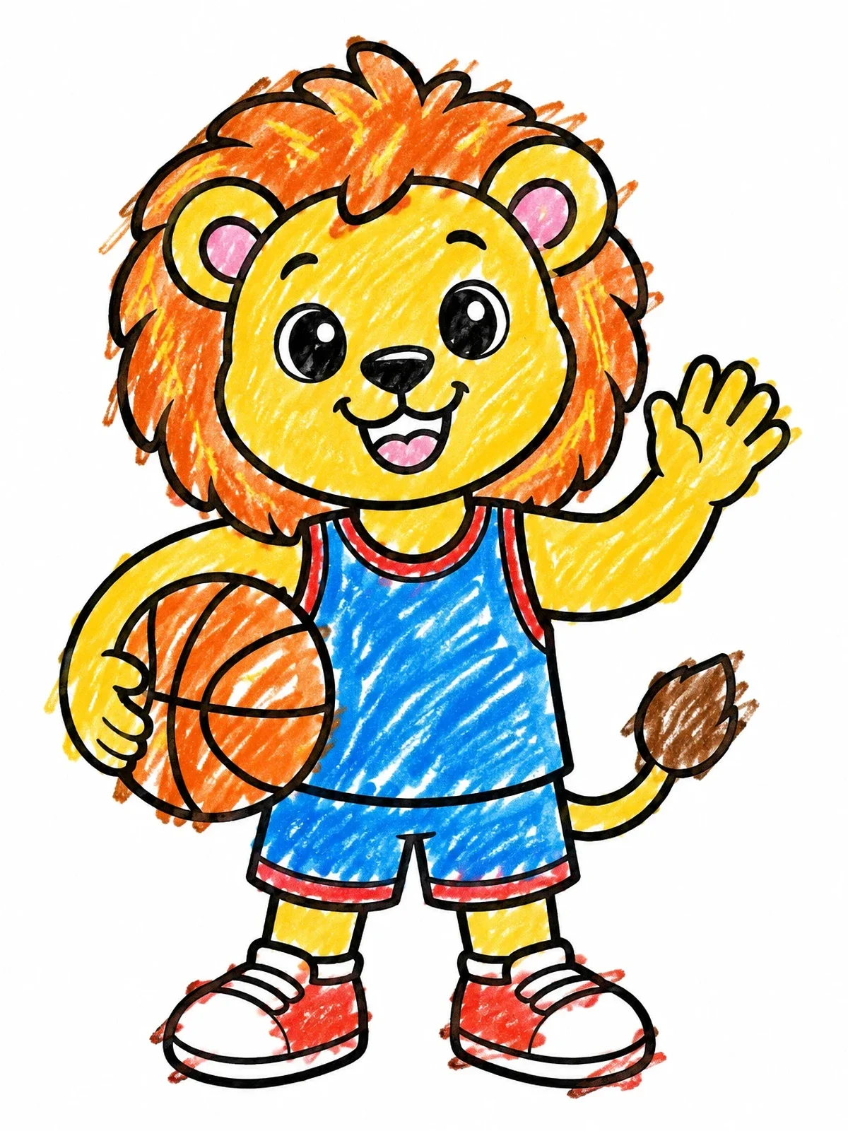 Colored example of the Cute Lion Basketball Mascot coloring page