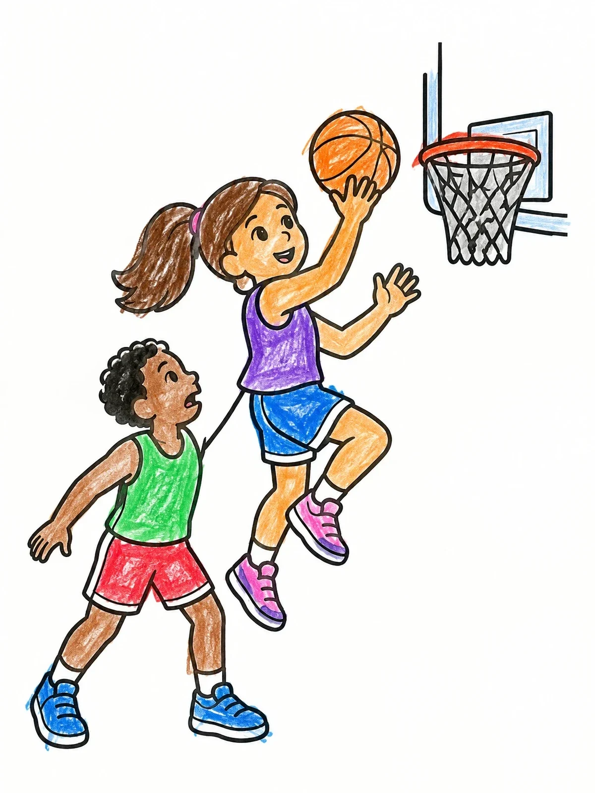 Colored example of the Girl Scoring A Layup coloring page