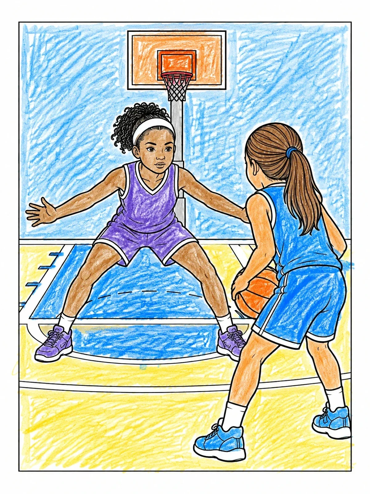 Colored example of the Girls Basketball Defense And Dribble coloring page