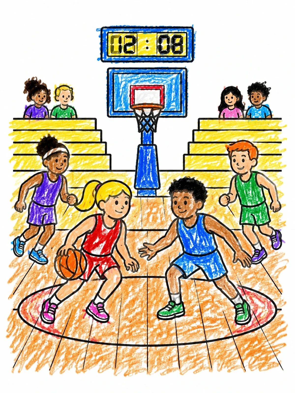 Colored example of the Kids Basketball Match In Gymnasium coloring page