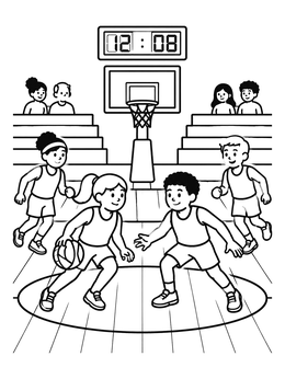 Free printable Kids Basketball Match In Gymnasium coloring page