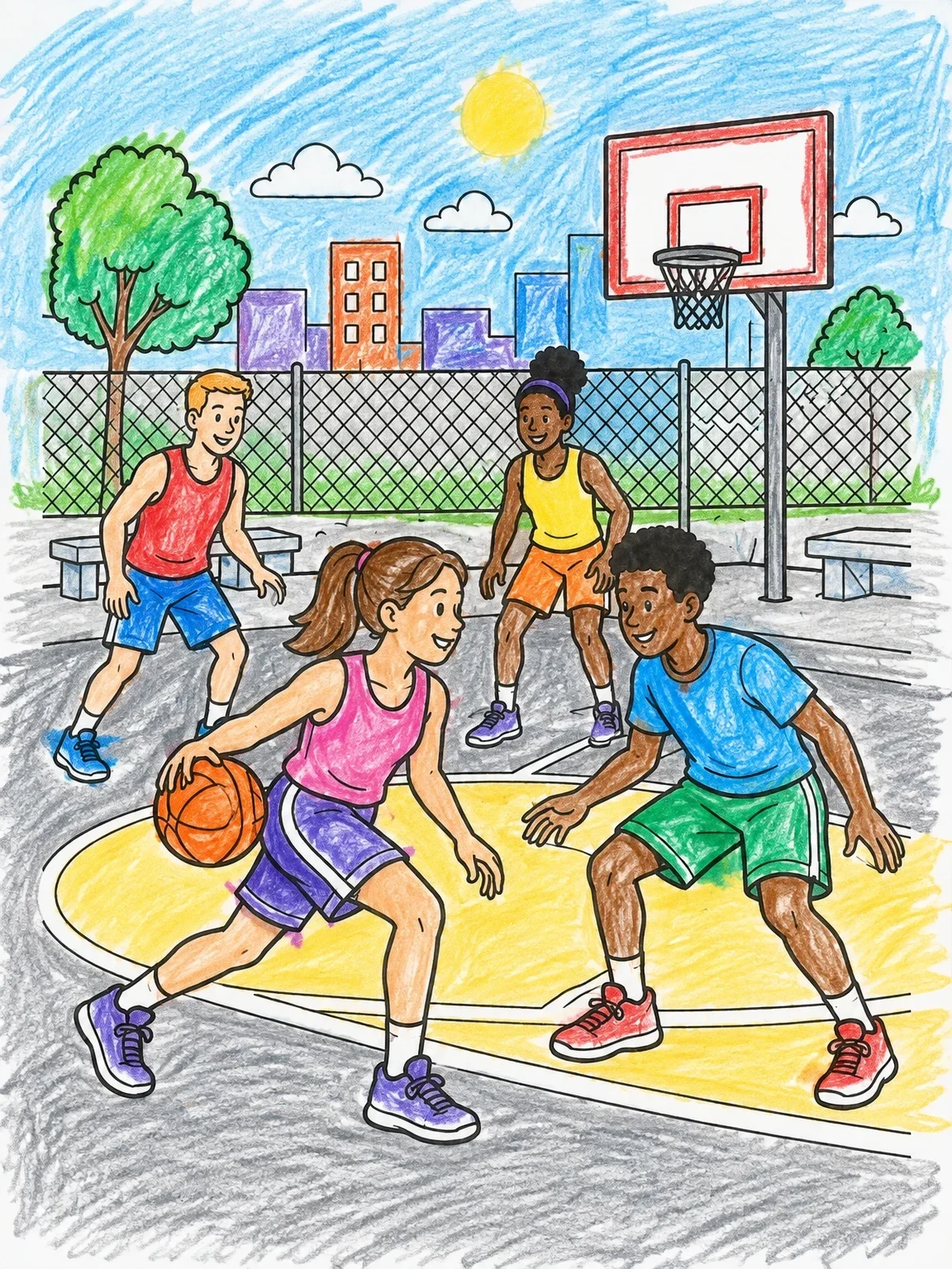 Colored example of the Kids Street Basketball Game coloring page