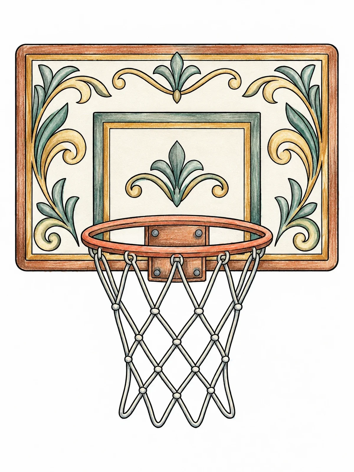 Colored example of the Ornate Basketball Hoop And Backboard coloring page