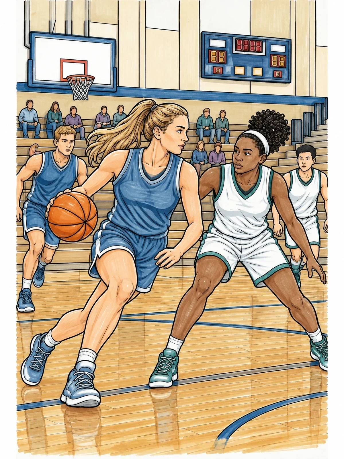 Colored example of the Women's Basketball Match In Gymnasium coloring page