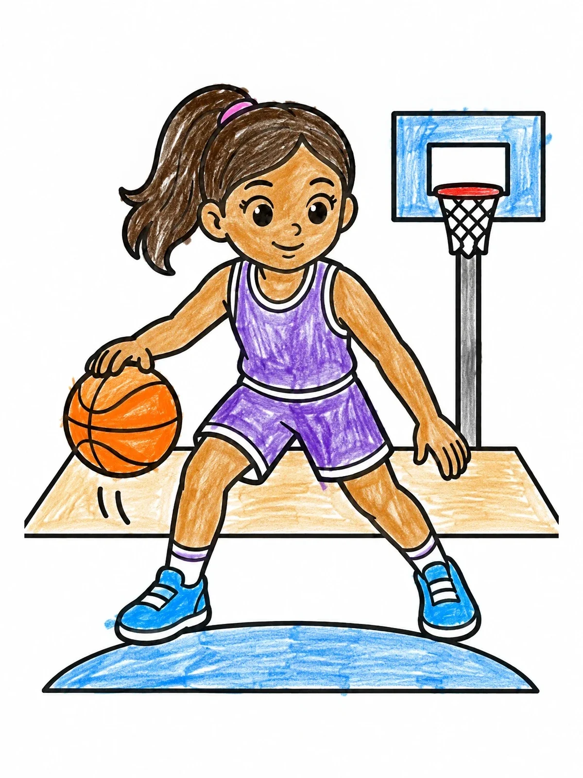 Colored example of the Young Girl Dribbling A Basketball coloring page
