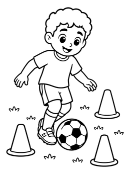 Free printable Boy Dribbling Soccer Ball Through Cones coloring page