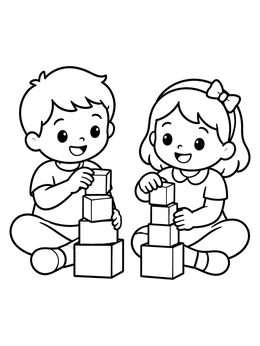 Free printable Children Building Wooden Block Towers coloring page