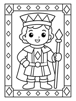 A cute jack of diamonds character playing coloring page surrounded by diamond patterns.