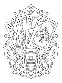 Four ornate ace cards and casino chips in a card playing coloring page.