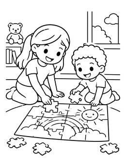 Free printable Children Solving A Floor Puzzle coloring page