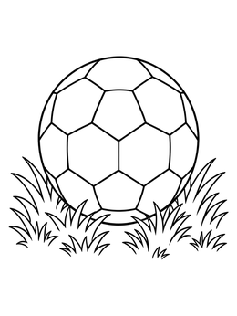 A soccer ball rests on grass tufts in this outdoor playing coloring page.