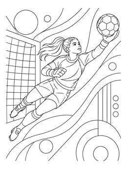 A female goalkeeper diving across a soccer playing coloring page to catch a flying ball.
