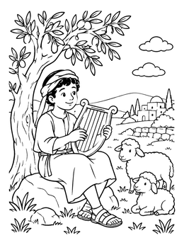 Free printable Young Shepherd Playing The Harp coloring page