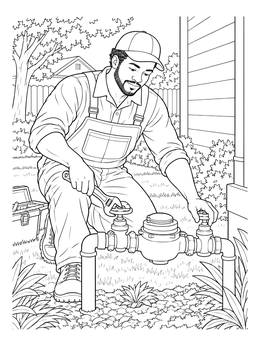 A realistic plumber coloring page showing a technician servicing an outdoor water meter with a wrench.