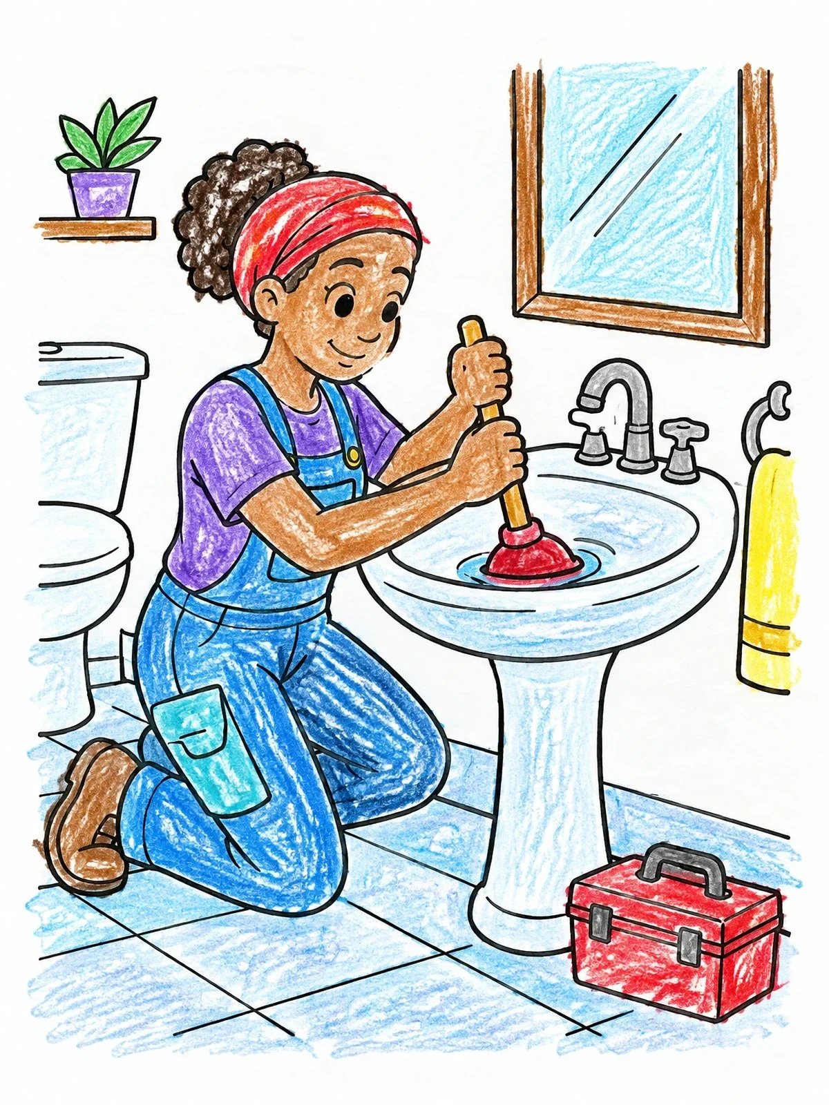 Colored example of the Plumber Clearing A Bathroom Sink coloring page