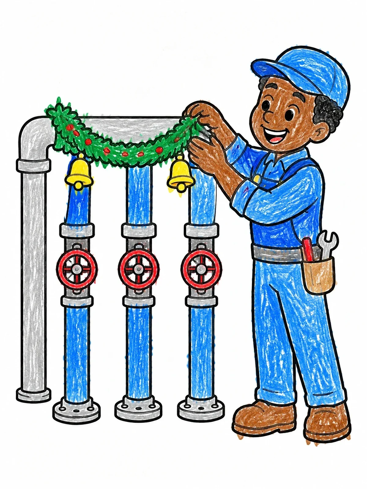 Colored example of the Plumber Decorating Pipes With Holiday Garland coloring page