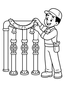 Free printable Plumber Decorating Pipes With Holiday Garland coloring page