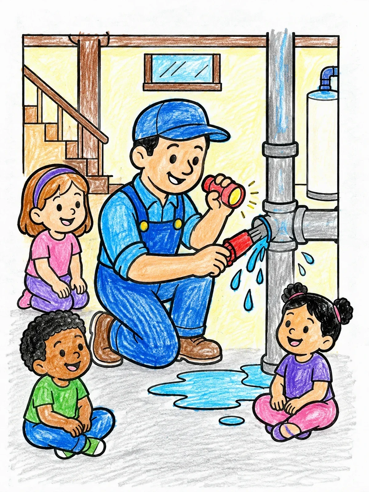 Colored example of the Plumber Fixing Pipe For Curious Children coloring page