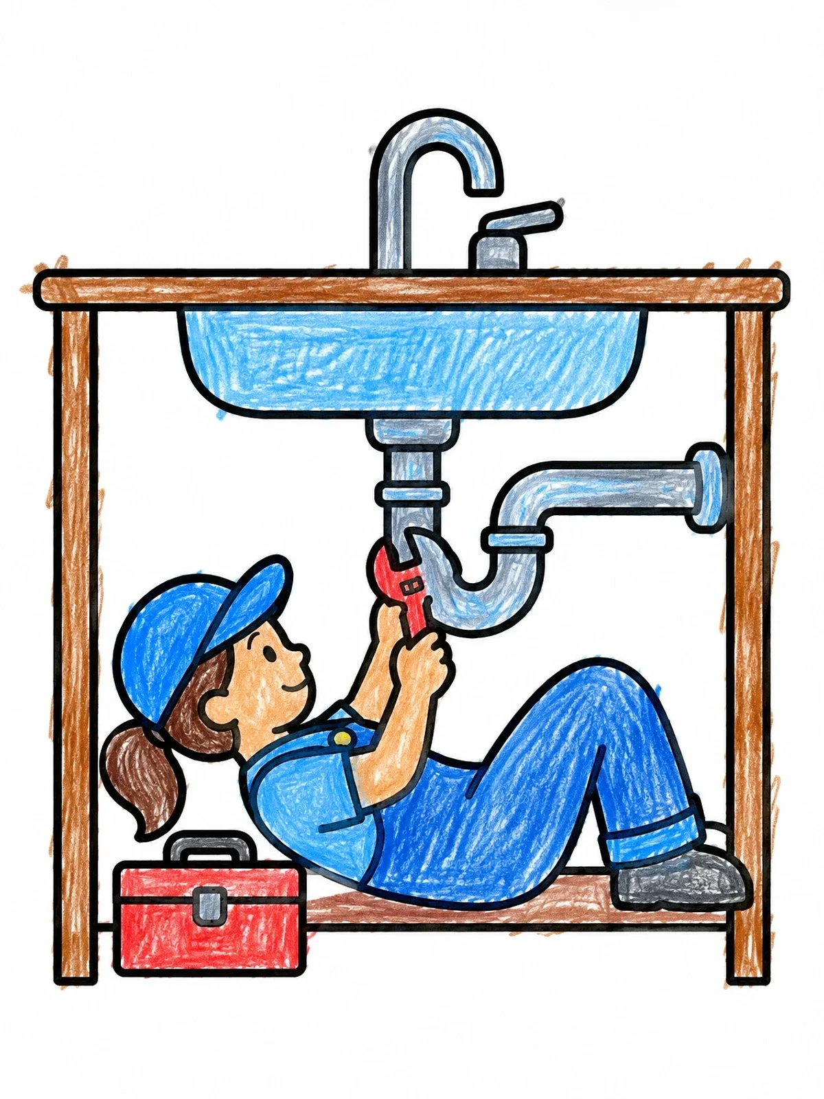 Colored example of the Plumber Fixing Sink Pipes coloring page