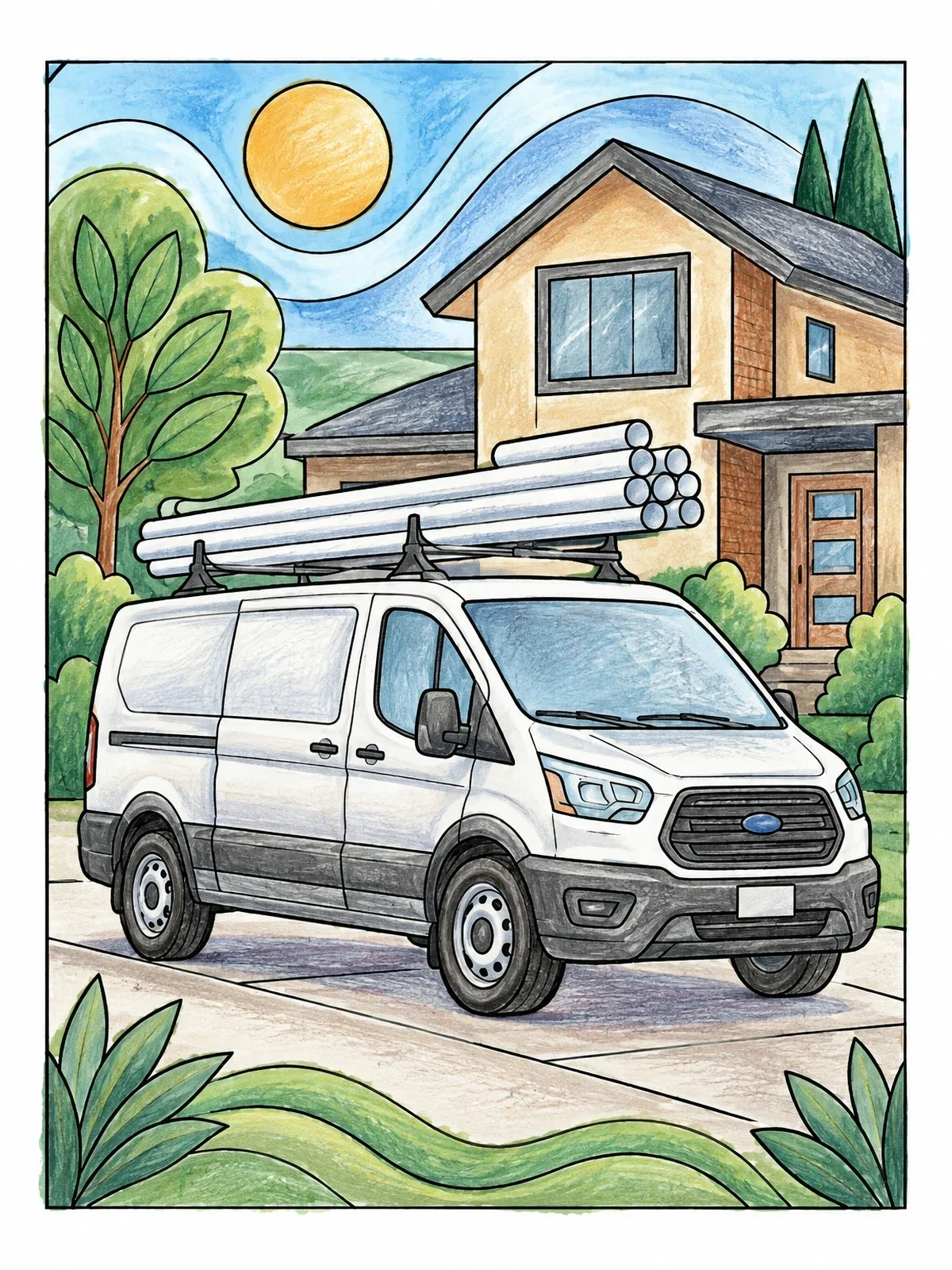 Colored example of the Plumber Service Van Outside House coloring page