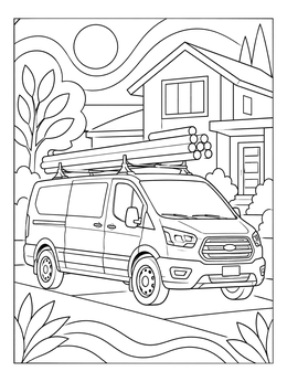 A detailed plumber coloring page showing a service van with pipes parked outside a suburban home.