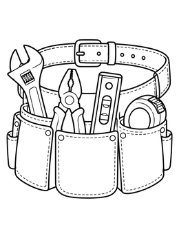 A detailed plumber coloring page showing a tool belt packed with a wrench, pliers, level, and tape measure.