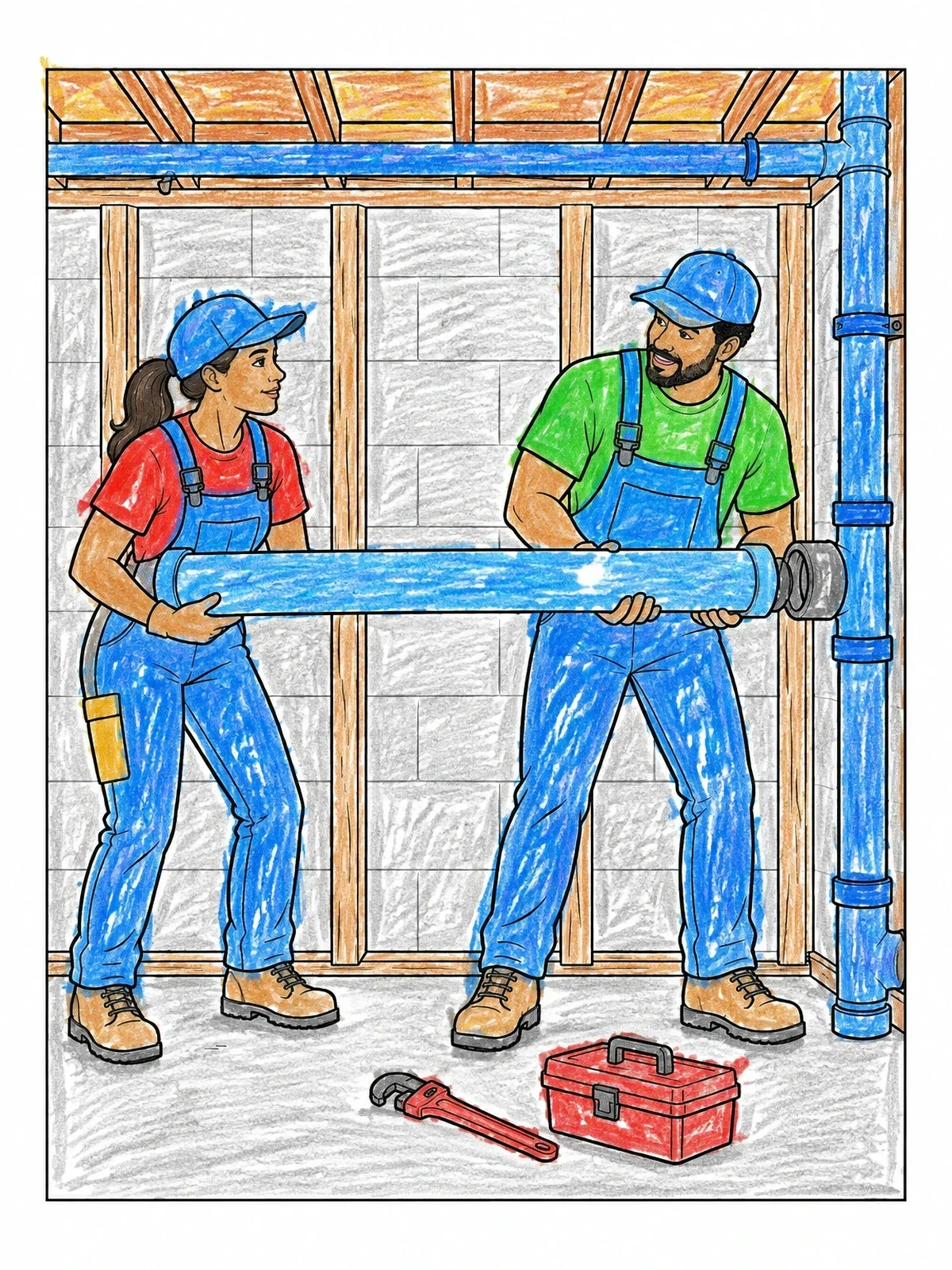 Colored example of the Plumbers Installing A Basement Pipe coloring page