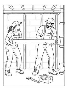 Two workers fit a drainage pipe in this plumber coloring page.