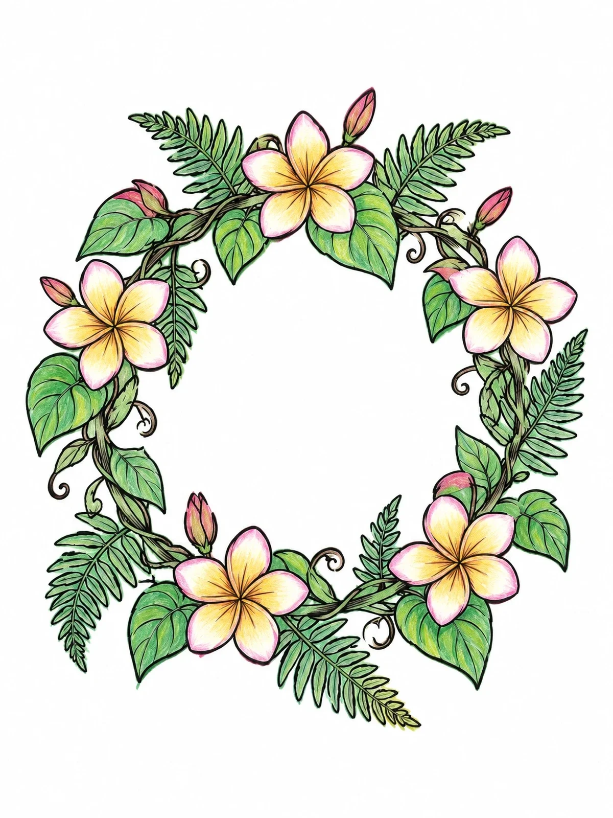 Colored example of the Plumeria And Fern Floral Wreath coloring page