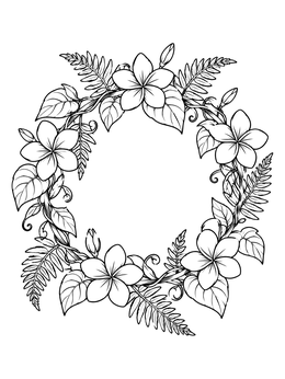 Free printable Plumeria And Fern Floral Wreath coloring page