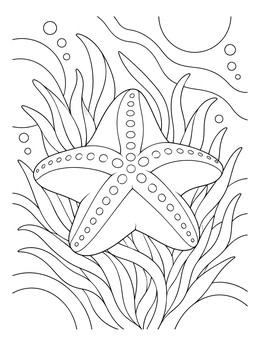 A plump sea star coloring page featuring a textured starfish resting on ocean grass.