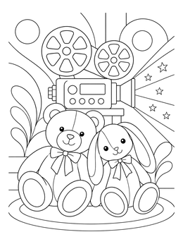 A cute movie night coloring page featuring a teddy bear and bunny watching a toy film projector.