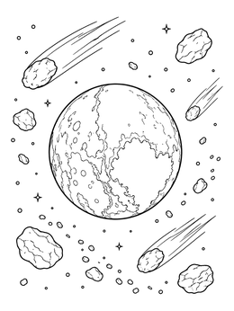 Detailed pluto planet coloring page with asteroids and comets in deep space.