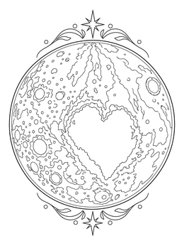 Detailed pluto planet coloring page showing craters and the famous heart-shaped region framed by stars.