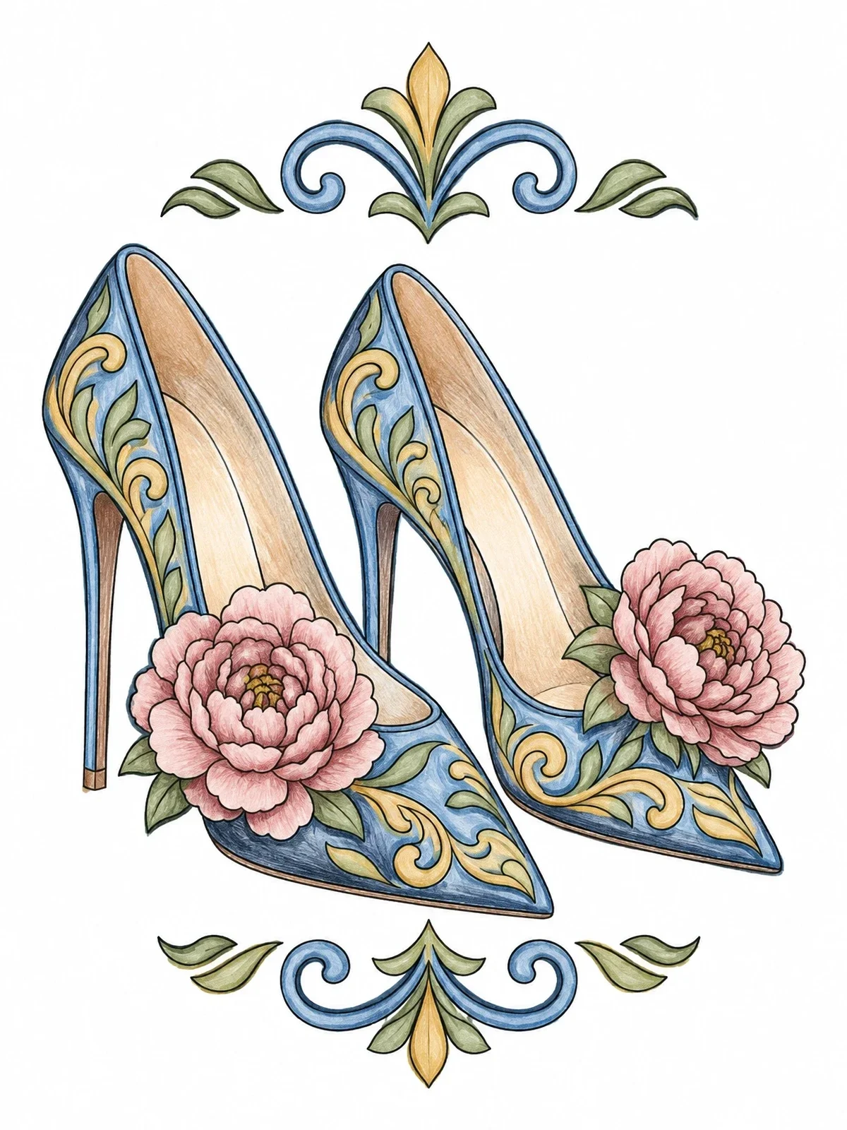 Colored example of the Floral Pointed High Heel Shoes coloring page