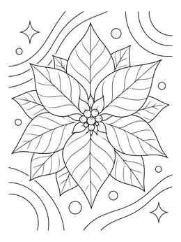 Detailed pointsetta coloring page with swirling festive lines and stars.