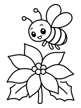 A cheerful cartoon bee flies above a poinsettia flower in this pointsetta coloring page.