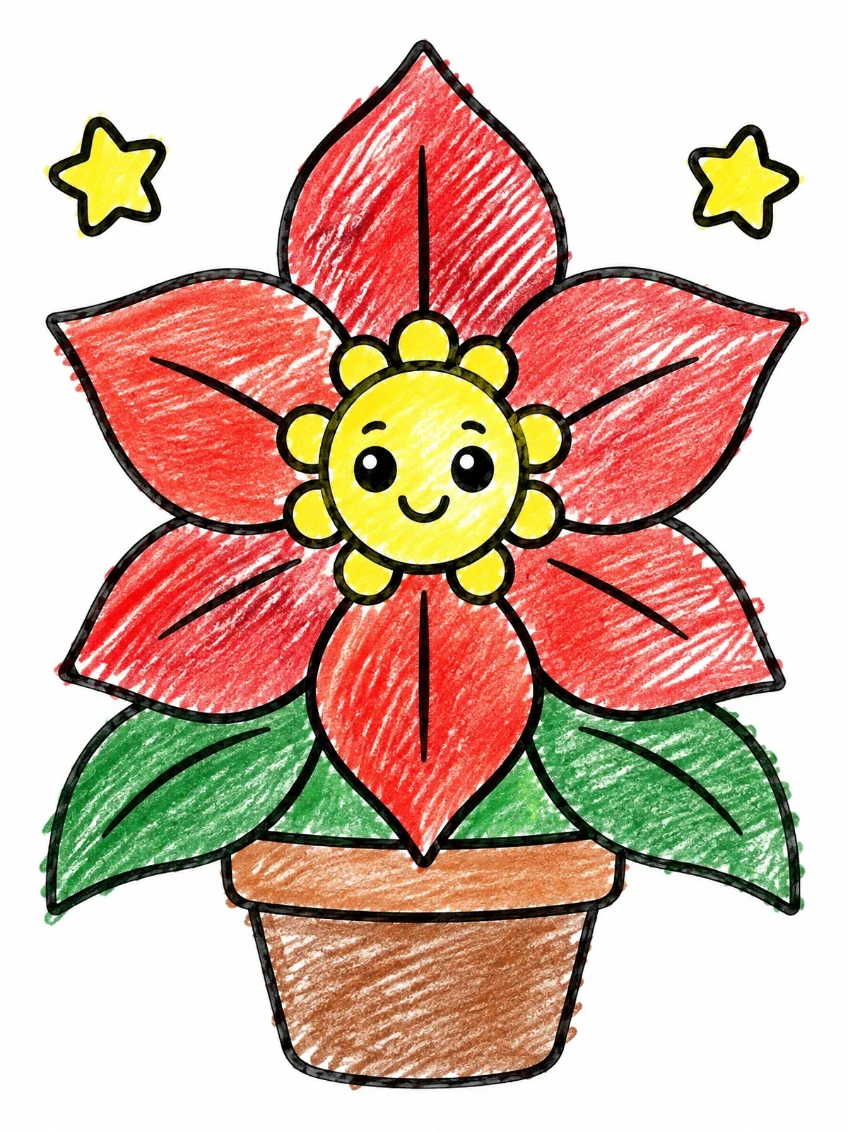 Colored example of the Cute Smiling Poinsettia In Pot coloring page