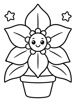 A cute potted pointsetta coloring page with a happy smiling face and little stars.